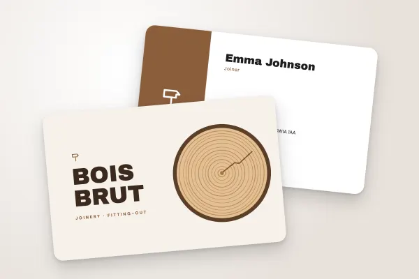 business card template “Bois Brut” (trades and construction, illustrated wood slice): front and back