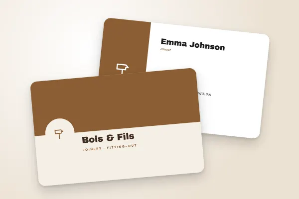 business card template “Bois & Fils” (trades and construction, medallion, wood): front and back