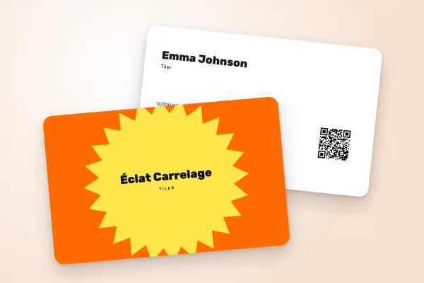 business card template “Éclat Carrelage” (trades and construction, pop burst, orange): front and back