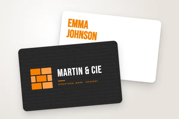 business card template “Martin & Cie” (trades and construction, brick monogram, charcoal and orange): front and back