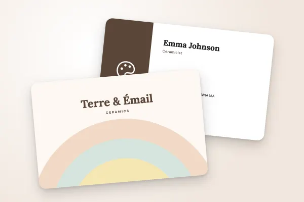 business card template “Terre & Émail” (trades and construction, pastel arcs, earth): front and back