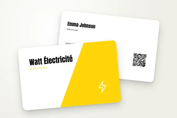 business card template “Watt Électricité” (trades and construction, diagonal, yellow): front and back