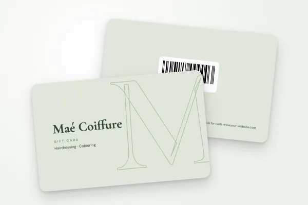 gift card template “Maé Coiffure” (hair salons, beauty salons and spas, monogram, sage green): front and back