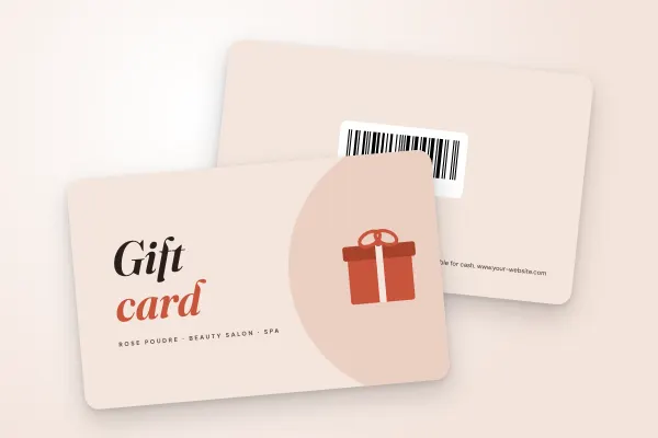 gift card template “Rose Poudre” (hair salons, beauty salons and spas, “gift card” in large letters, illustrated parcel): front and back