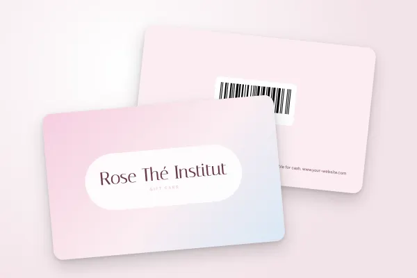gift card template “Rose Thé Institut” (hair salons, beauty salons and spas, pastel gradient, white pill): front and back