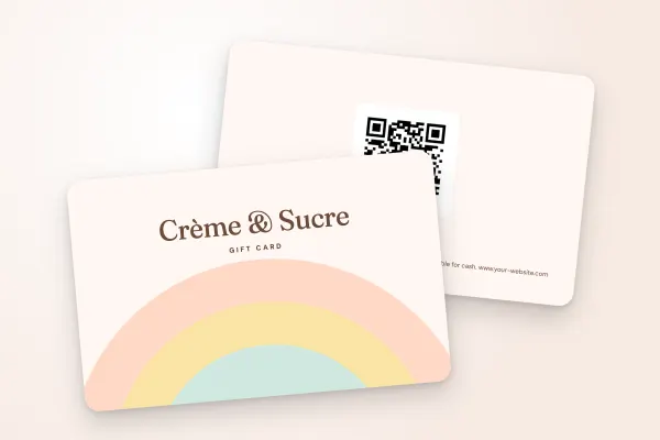 gift card template “Crème & Sucre” (restaurants and cafés, pastel arcs, patisserie): front and back
