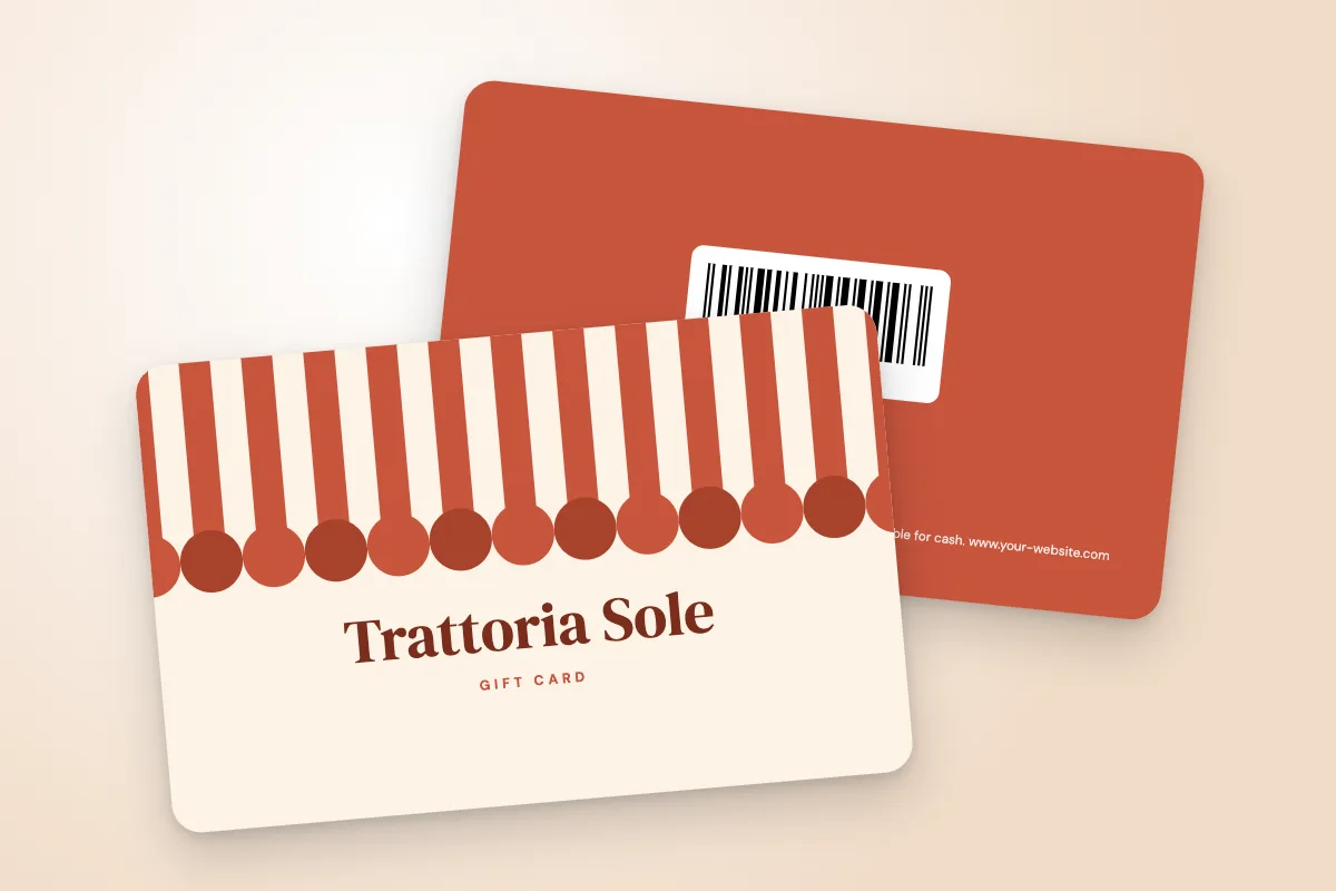 gift card template “Trattoria Sole” (restaurants and cafés, striped awning): front and back