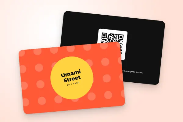 gift card template “Umami Street” (restaurants and cafés, large polka dots, bright colours): front and back
