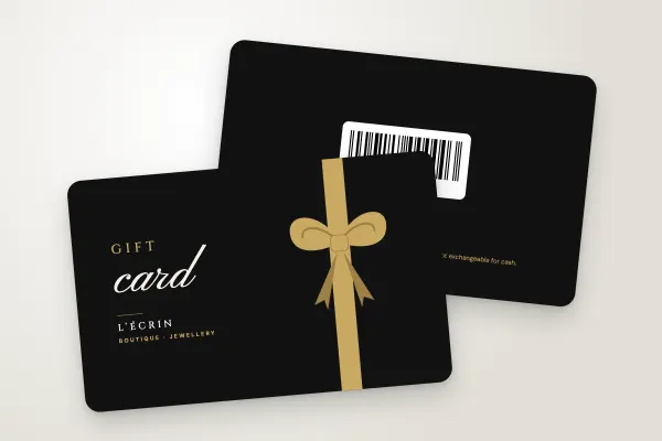 gift card template “L’Écrin” (shops and retailers, gold ribbon and bow, handwritten “gift card”): front and back