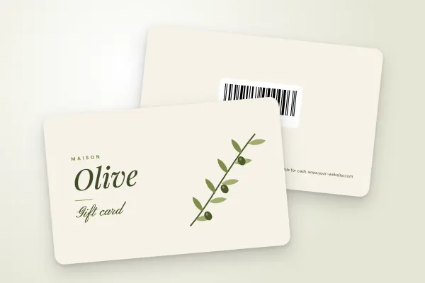 gift card template “Maison Olive” (shops and retailers, olive branch, handwritten gift card): front and back