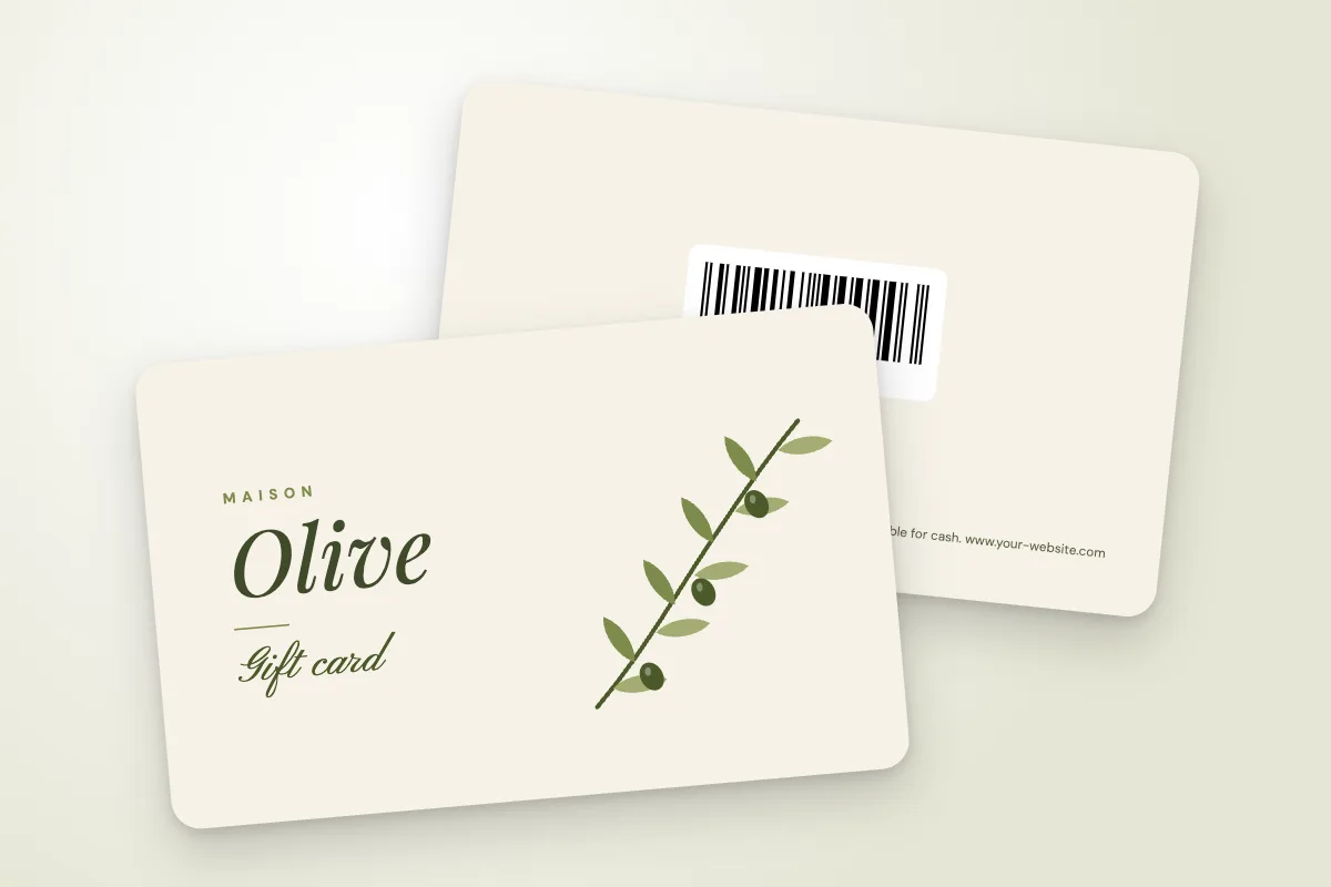 gift card template “Maison Olive” (shops and retailers, olive branch, handwritten gift card): front and back