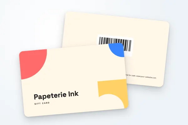 gift card template “Papeterie Ink” (shops and retailers, geometric shapes, three colours): front and back