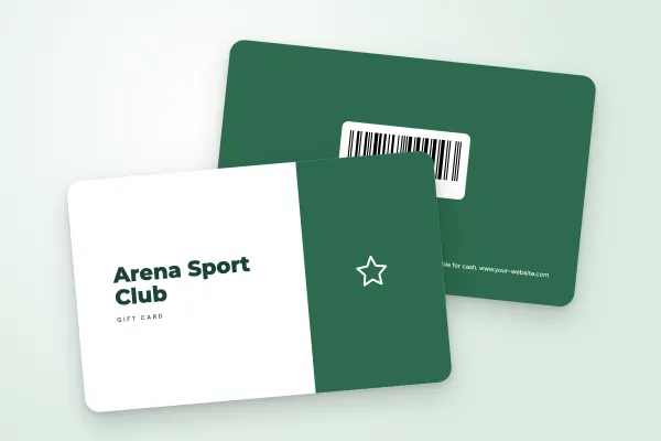gift card template “Arena Sport Club” (sport and wellbeing, two-tone, green and white): front and back