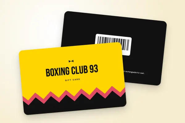 gift card template “Boxing Club 93” (sport and wellbeing, pop zigzag, yellow and black): front and back