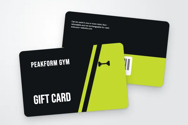 gift card template “Peakform Gym” (sport and wellbeing, bevel, neon green): front and back