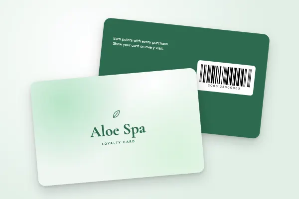 loyalty card template “Aloe Spa” (beauty and hairdressing, aqua green gradient): front and back