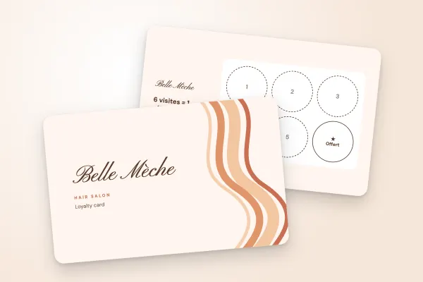 loyalty card template “Belle Mèche” (beauty and hairdressing, wavy locks, peach and terracotta): front and back