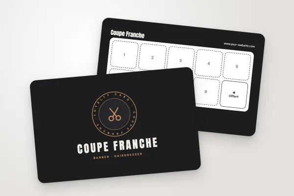 loyalty card template “Coupe Franche” (beauty and hairdressing, round crest “loyalty card”, black and copper): front and back