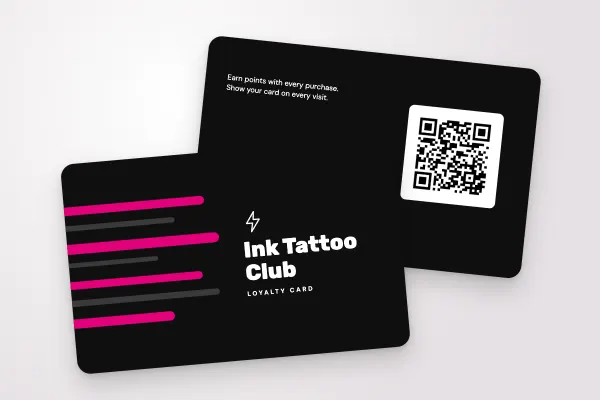 loyalty card template “Ink Tattoo Club” (beauty and hairdressing, speed lines, neon pink): front and back