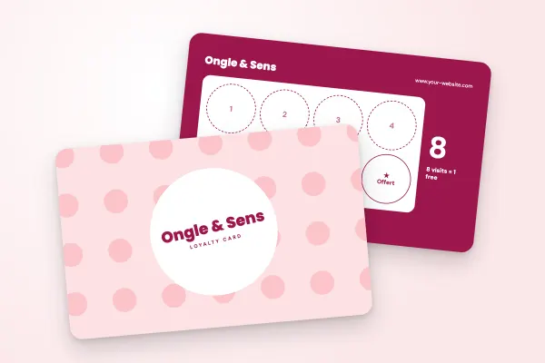 loyalty card template “Ongle & Sens” (beauty and hairdressing, large polka dots, raspberry): front and back
