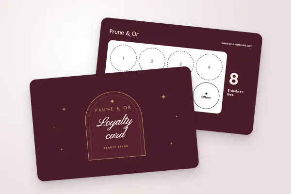 loyalty card template “Prune & Or” (beauty and hairdressing, golden arch, handwritten “loyalty card”): front and back
