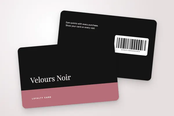 loyalty card template “Velours Noir” (beauty and hairdressing, base, black and rose gold): front and back