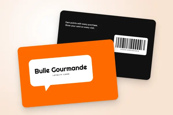 loyalty card template “Bulle Gourmande” (cafés and restaurants, pop bubble, orange): front and back