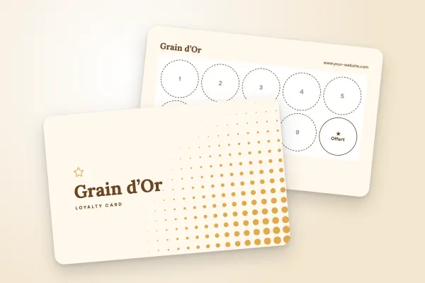 loyalty card template “Grain d’Or” (cafés and restaurants, gold pattern, bakery): front and back