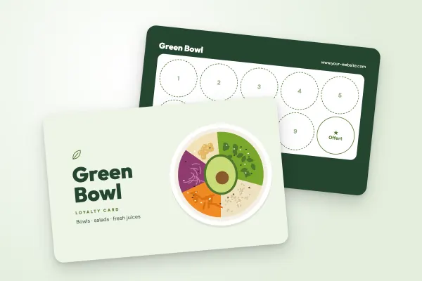 loyalty card template “Green Bowl” (cafés and restaurants, illustrated bowl, top view): front and back
