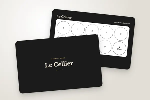 loyalty card template “Le Cellier” (cafés and restaurants, classic, black and bronze): front and back