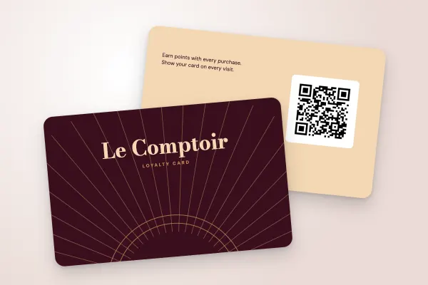 loyalty card template “Le Comptoir” (cafés and restaurants, art deco, burgundy and copper): front and back