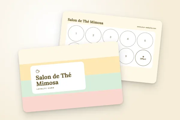 loyalty card template “Salon de Thé Mimosa” (cafés and restaurants, pastel stripes, stamp card): front and back