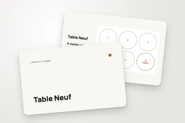 loyalty card template “Table Neuf” (cafés and restaurants, understated, terracotta): front and back