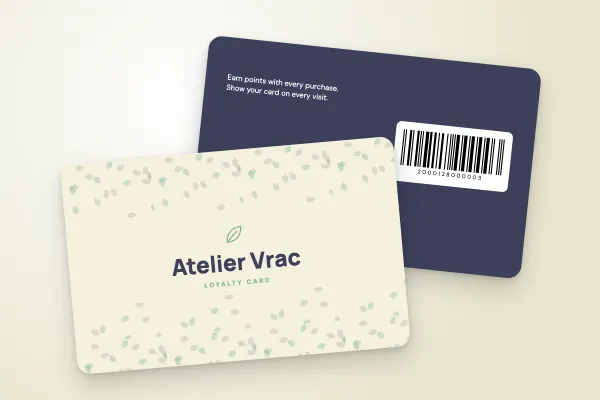 loyalty card template “Atelier Vrac” (shops and retailers, leaf pattern, grocery): front and back