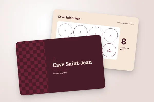 loyalty card template “Cave Saint-Jean” (shops and retailers, chequerboard, burgundy): front and back