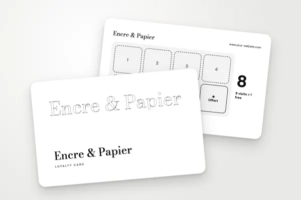 loyalty card template “Encre & Papier” (shops and retailers, outlined name, black and white): front and back