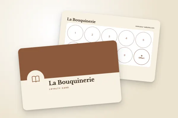 loyalty card template “La Bouquinerie” (shops and retailers, medallion, aged paper): front and back