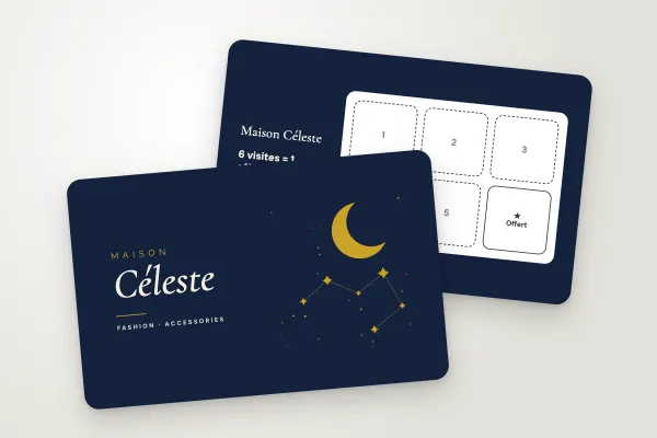 loyalty card template “Maison Céleste” (shops and retailers, moon and constellation, midnight and gold): front and back