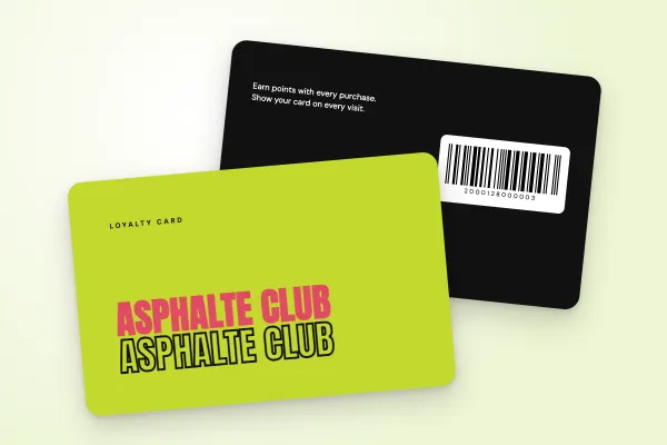 loyalty card template “Asphalte Club” (sport and leisure, pop type, neon green): front and back
