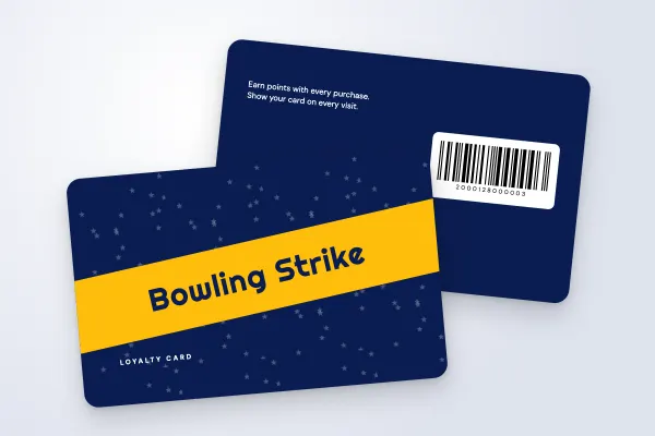 loyalty card template “Bowling Strike” (sport and leisure, starry banner, midnight): front and back
