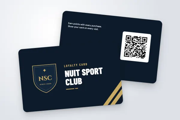 loyalty card template “Nuit Sport Club” (sport and leisure, club crest “loyalty card”, midnight and gold): front and back