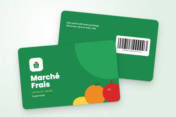 loyalty card template “Marché Frais” (supermarkets and grocers, illustrated basket and fruit, green and yellow): front and back