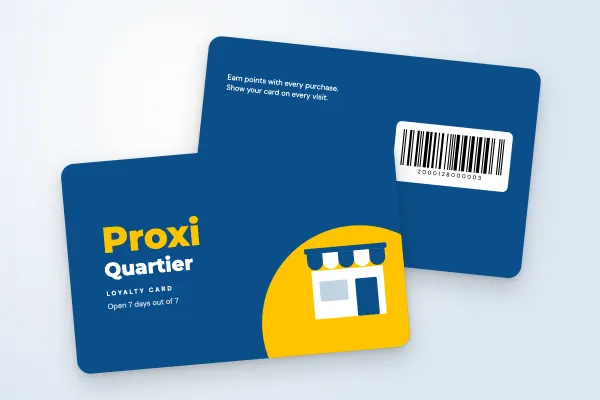 loyalty card template “Proxi Quartier” (supermarkets and grocers, illustrated shopfront, blue and yellow): front and back