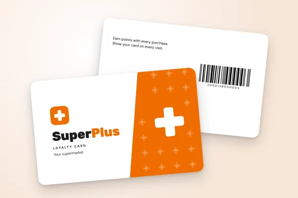 loyalty card template “SuperPlus” (supermarkets and grocers, plus logo, orange and white): front and back