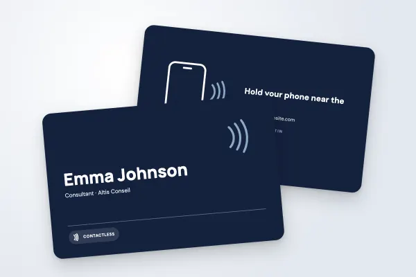 NFC card template “Camille Martin” (professionals, connected business card, navy blue): front and back