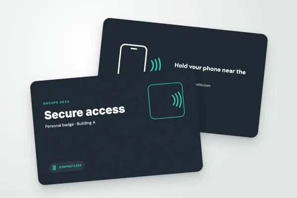 NFC card template “Groupe Hexa” (professionals, access, graphite and teal): front and back