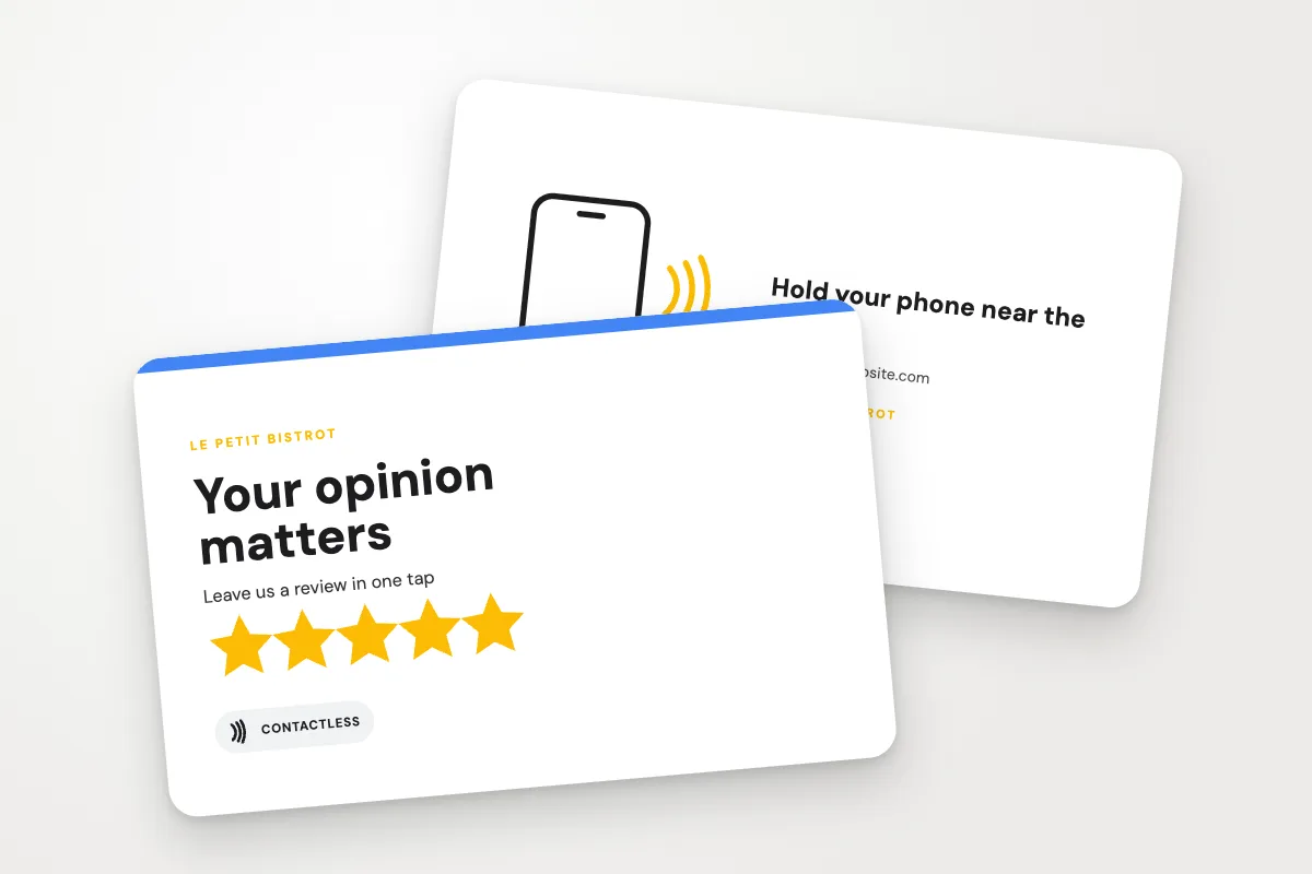 NFC card template “Le Petit Bistrot” (restaurants and cafés, google review, gold stars): front and back