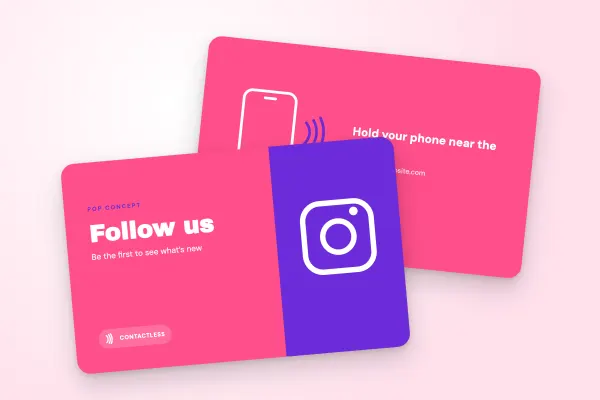 NFC card template “Pop Concept” (shops and retailers, social media, pink and purple): front and back