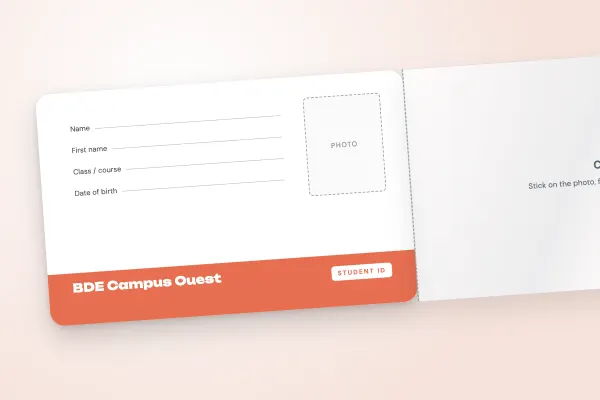 student ID card template “BDE Campus Ouest” (adhesive flap cards, write-on, coral bottom banner): front and back