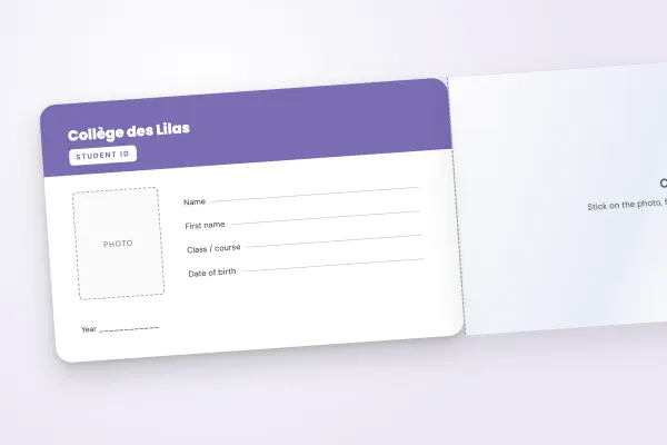 student ID card template “Collège des Lilas” (adhesive flap cards, write-on, lilac banner): front and back